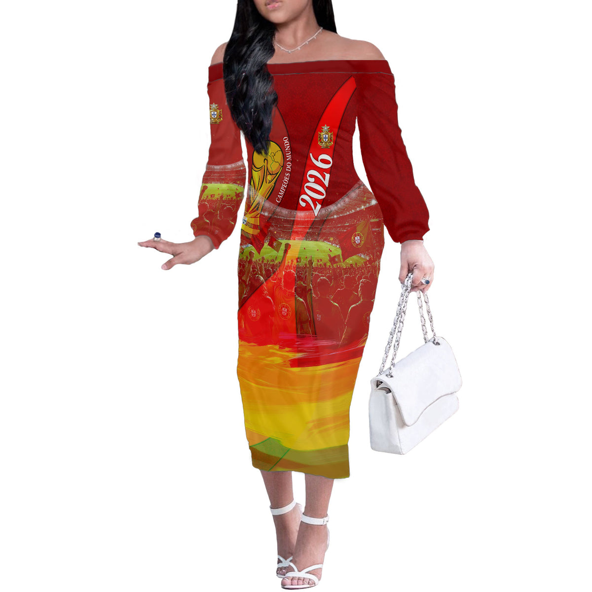 Custom Portugal Football World Champions 2026 Off The Shoulder Long Sleeve Dress Golden Shield Crown Crest Soccer Trophy