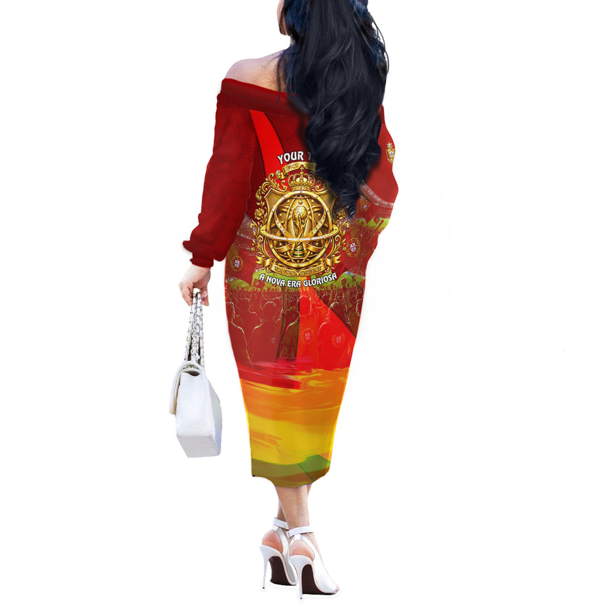 Custom Portugal Football World Champions 2026 Off The Shoulder Long Sleeve Dress Golden Shield Crown Crest Soccer Trophy