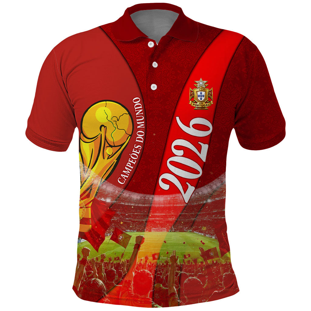 Custom Portugal Football World Champions 2026 Polo Shirt Golden Shield Crown Crest Soccer Trophy