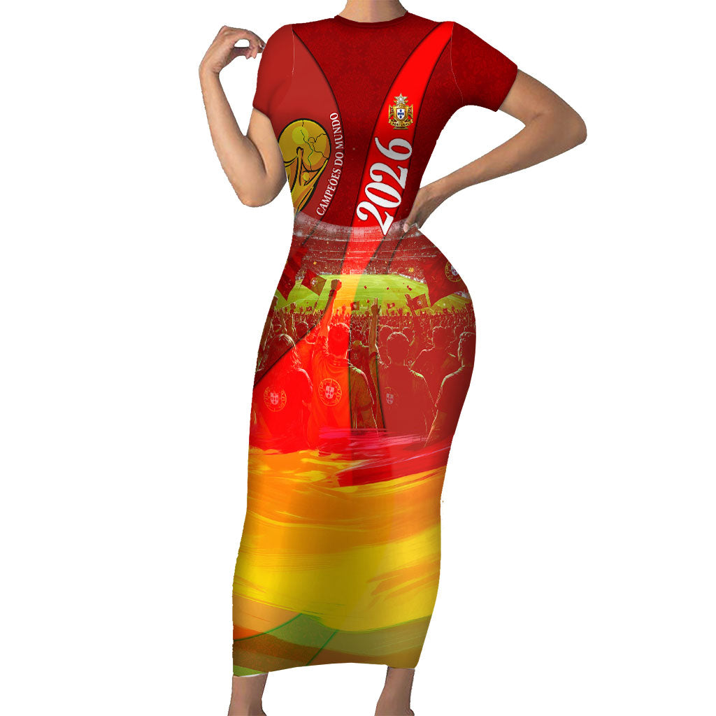 Custom Portugal Football World Champions 2026 Short Sleeve Bodycon Dress Golden Shield Crown Crest Soccer Trophy