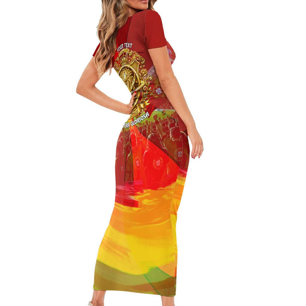 Custom Portugal Football World Champions 2026 Short Sleeve Bodycon Dress Golden Shield Crown Crest Soccer Trophy