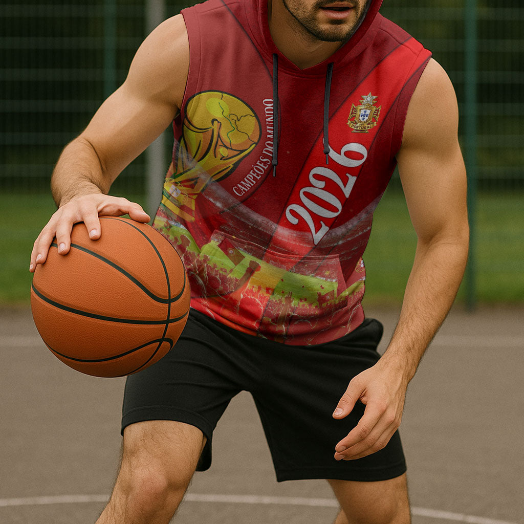 Custom Portugal Football World Champions 2026 Sleeveless Hoodie Golden Shield Crown Crest Soccer Trophy