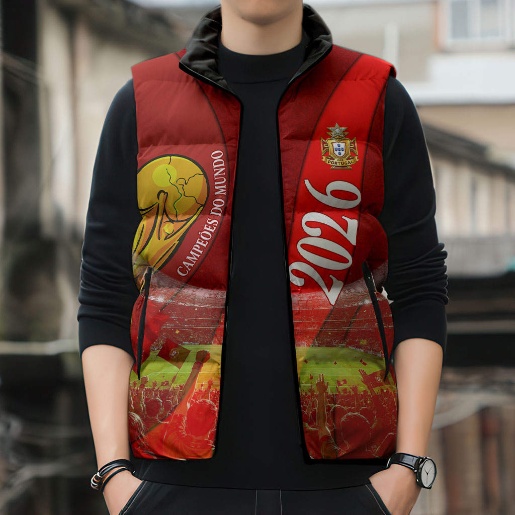 Custom Portugal Football World Champions 2026 Sleeveless Puffer Jacket Golden Shield Crown Crest Soccer Trophy