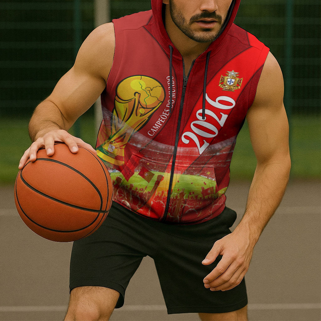 Custom Portugal Football World Champions 2026 Sleeveless Zip Hoodie Golden Shield Crown Crest Soccer Trophy