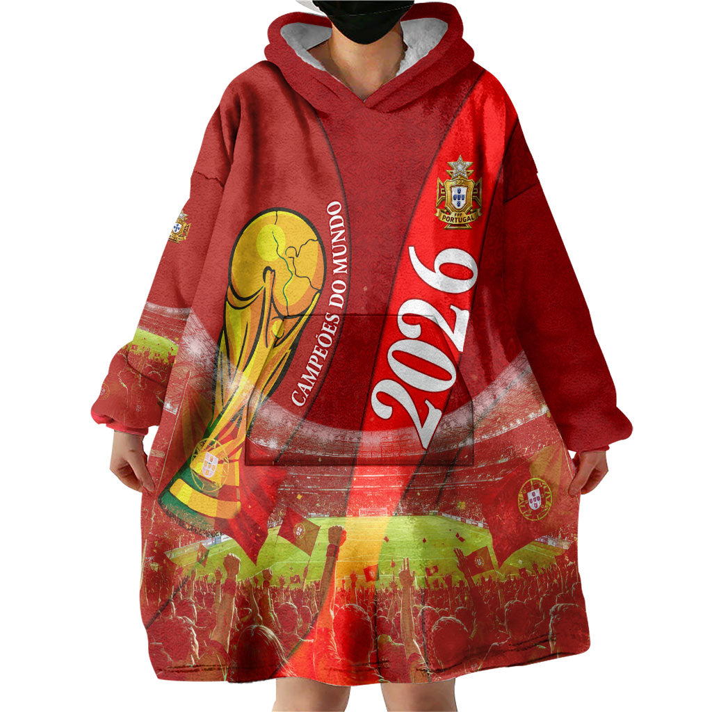 Custom Portugal Football World Champions 2026 Wearable Blanket Hoodie Golden Shield Crown Crest Soccer Trophy