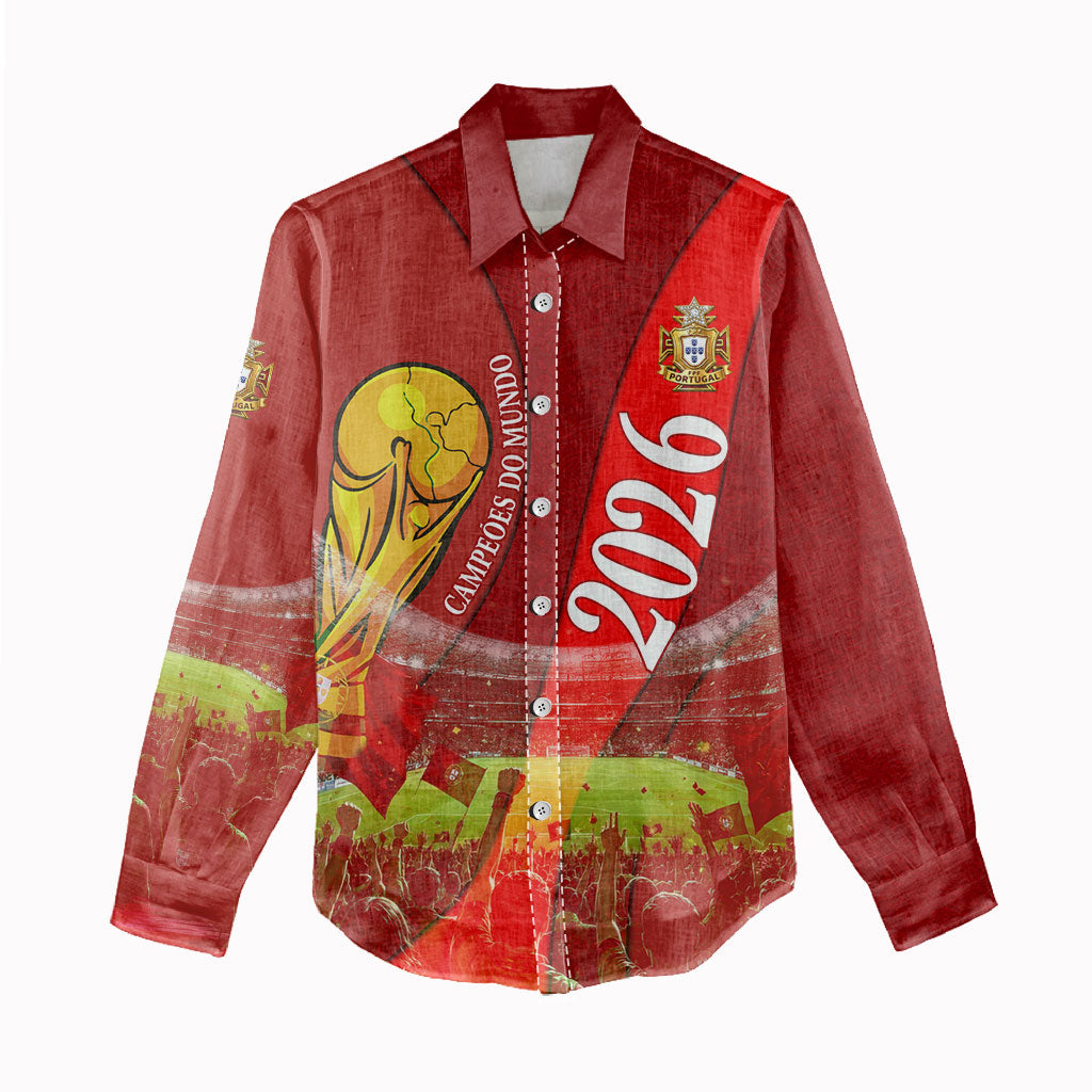 Custom Portugal Football World Champions 2026 Women Casual Shirt Golden Shield Crown Crest Soccer Trophy