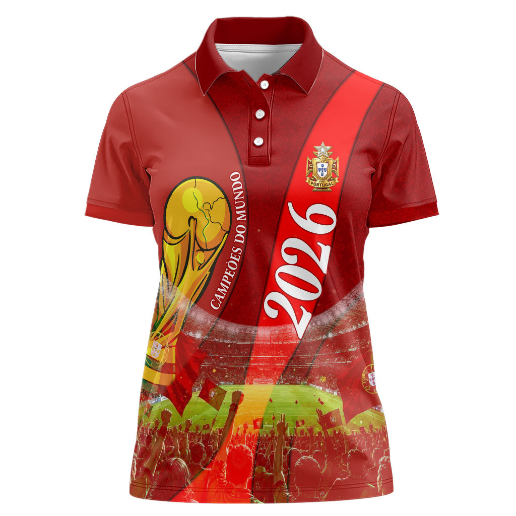 Custom Portugal Football World Champions 2026 Women Polo Shirt Golden Shield Crown Crest Soccer Trophy