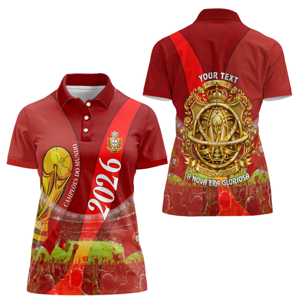 Custom Portugal Football World Champions 2026 Women Polo Shirt Golden Shield Crown Crest Soccer Trophy