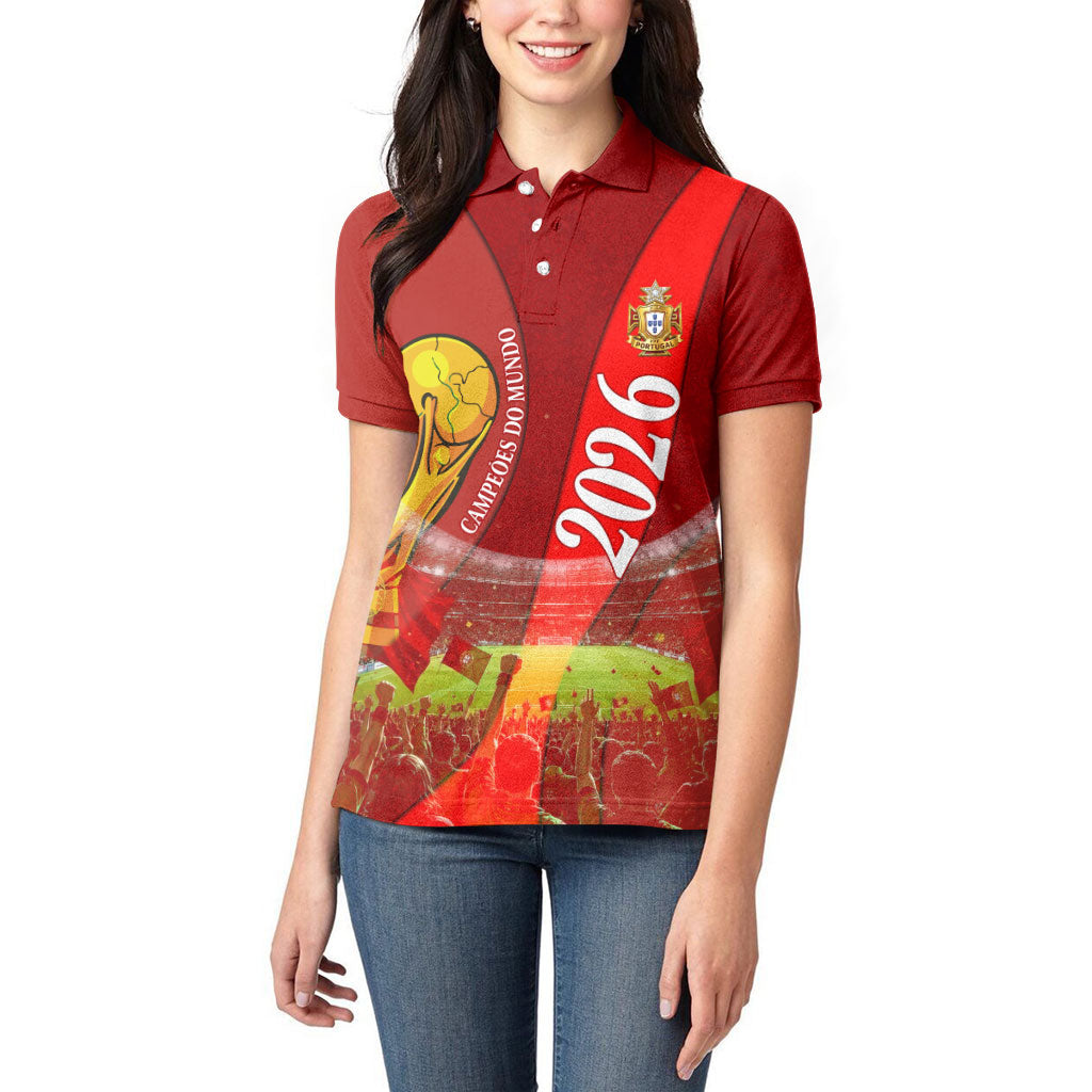 Custom Portugal Football World Champions 2026 Women Polo Shirt Golden Shield Crown Crest Soccer Trophy