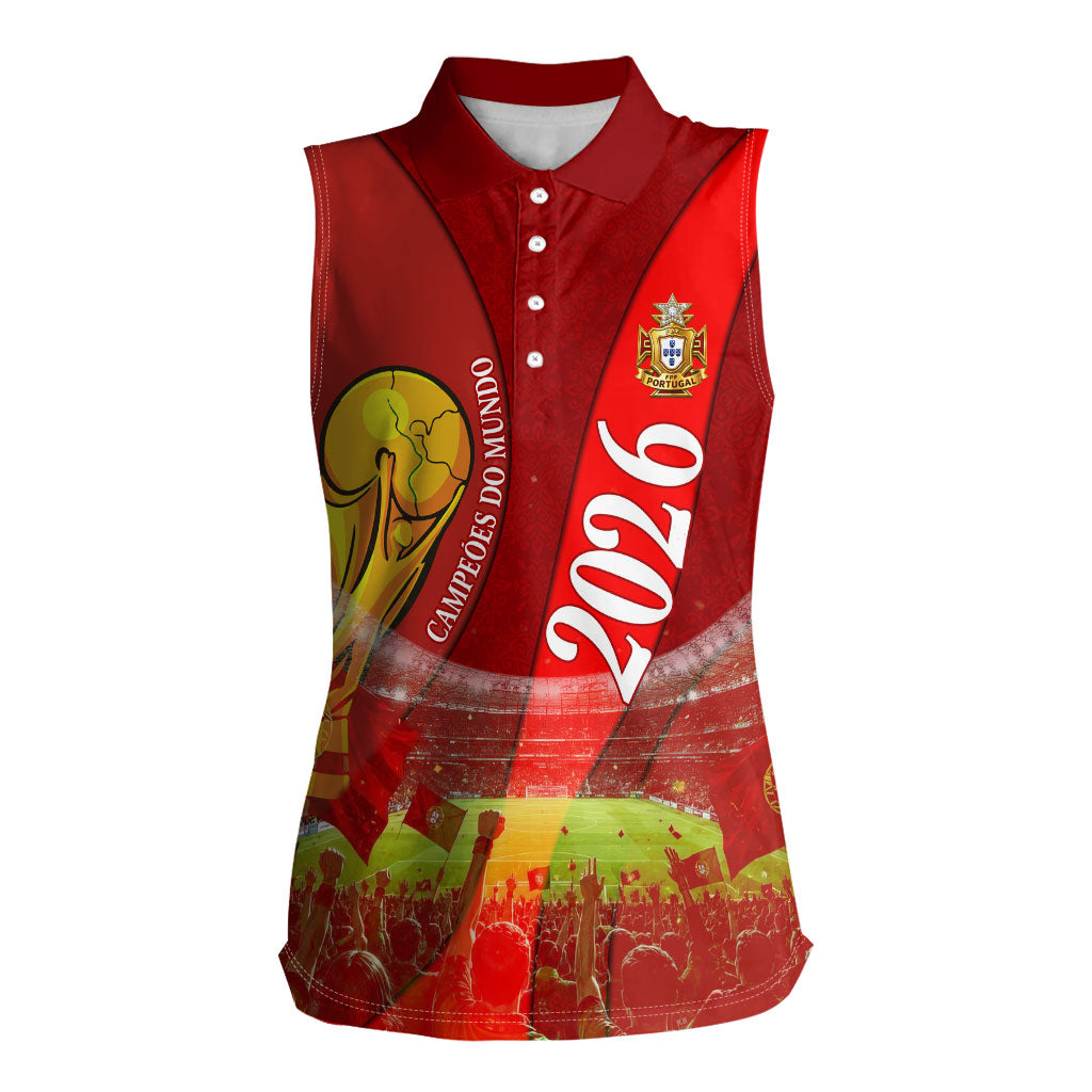 Custom Portugal Football World Champions 2026 Women Sleeveless Polo Shirt Golden Shield Crown Crest Soccer Trophy