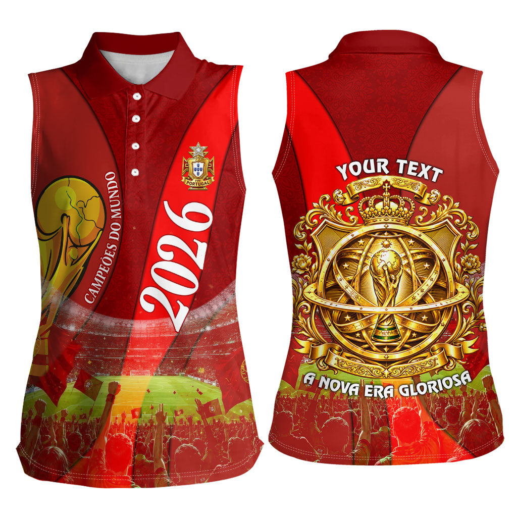 Custom Portugal Football World Champions 2026 Women Sleeveless Polo Shirt Golden Shield Crown Crest Soccer Trophy