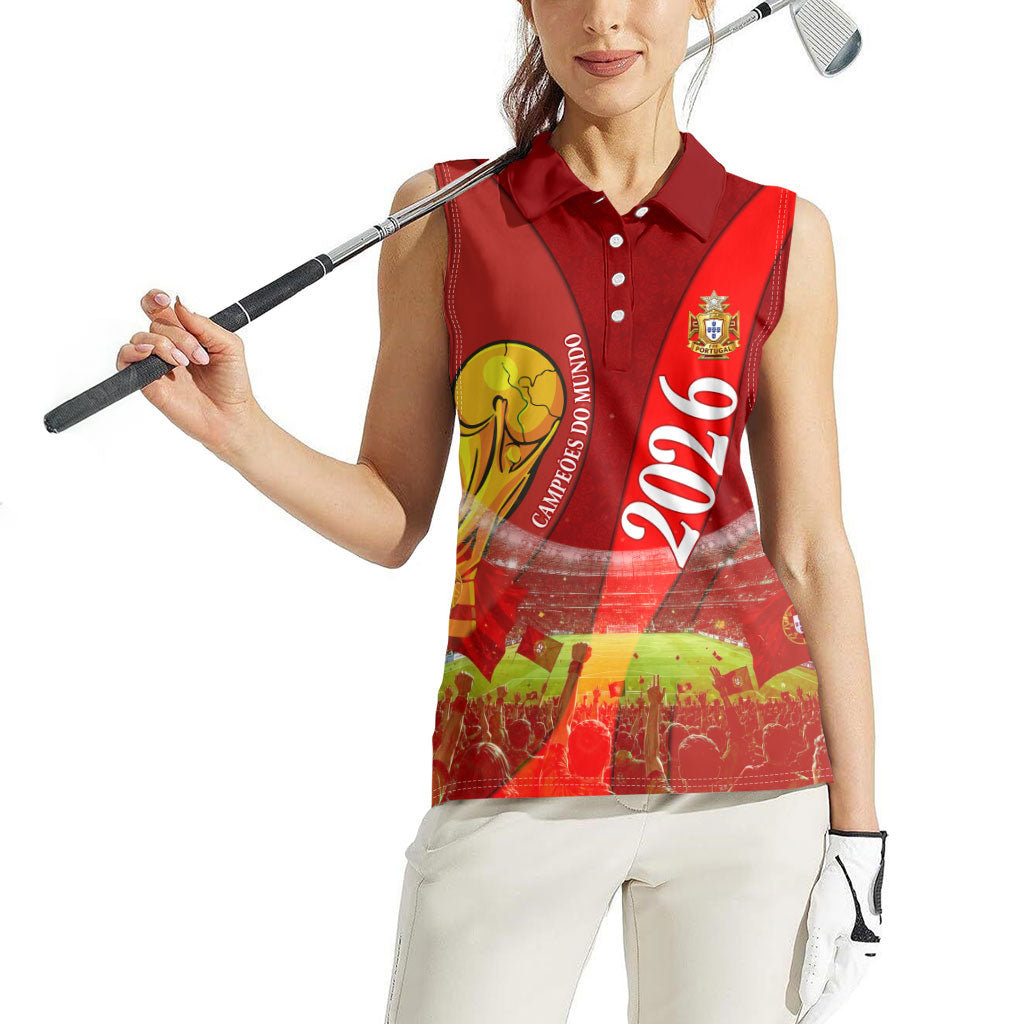 Custom Portugal Football World Champions 2026 Women Sleeveless Polo Shirt Golden Shield Crown Crest Soccer Trophy