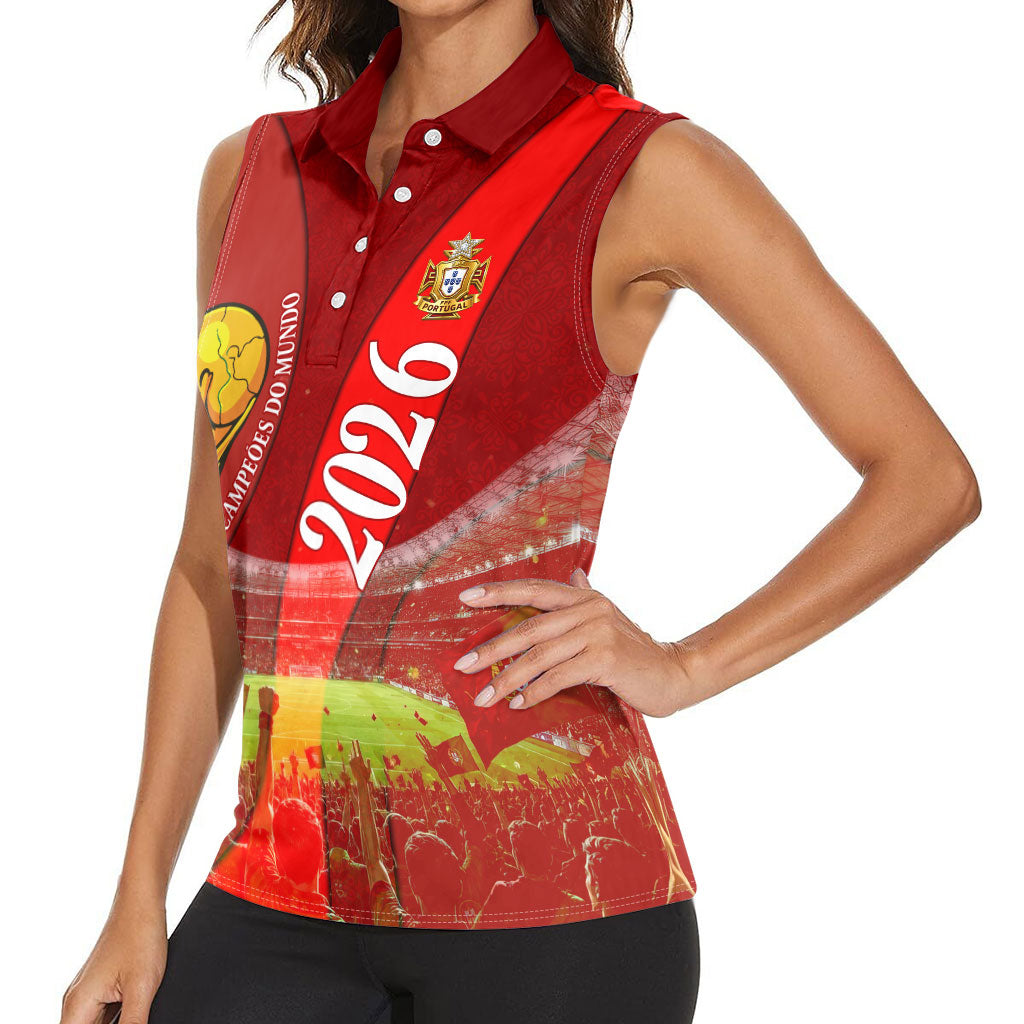 Custom Portugal Football World Champions 2026 Women Sleeveless Polo Shirt Golden Shield Crown Crest Soccer Trophy