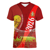 Custom Portugal Football World Champions 2026 Women V-Neck T-Shirt Golden Shield Crown Crest Soccer Trophy