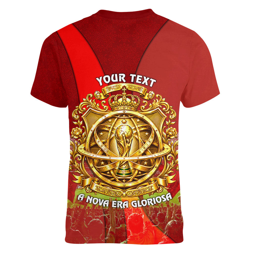Custom Portugal Football World Champions 2026 Women V-Neck T-Shirt Golden Shield Crown Crest Soccer Trophy