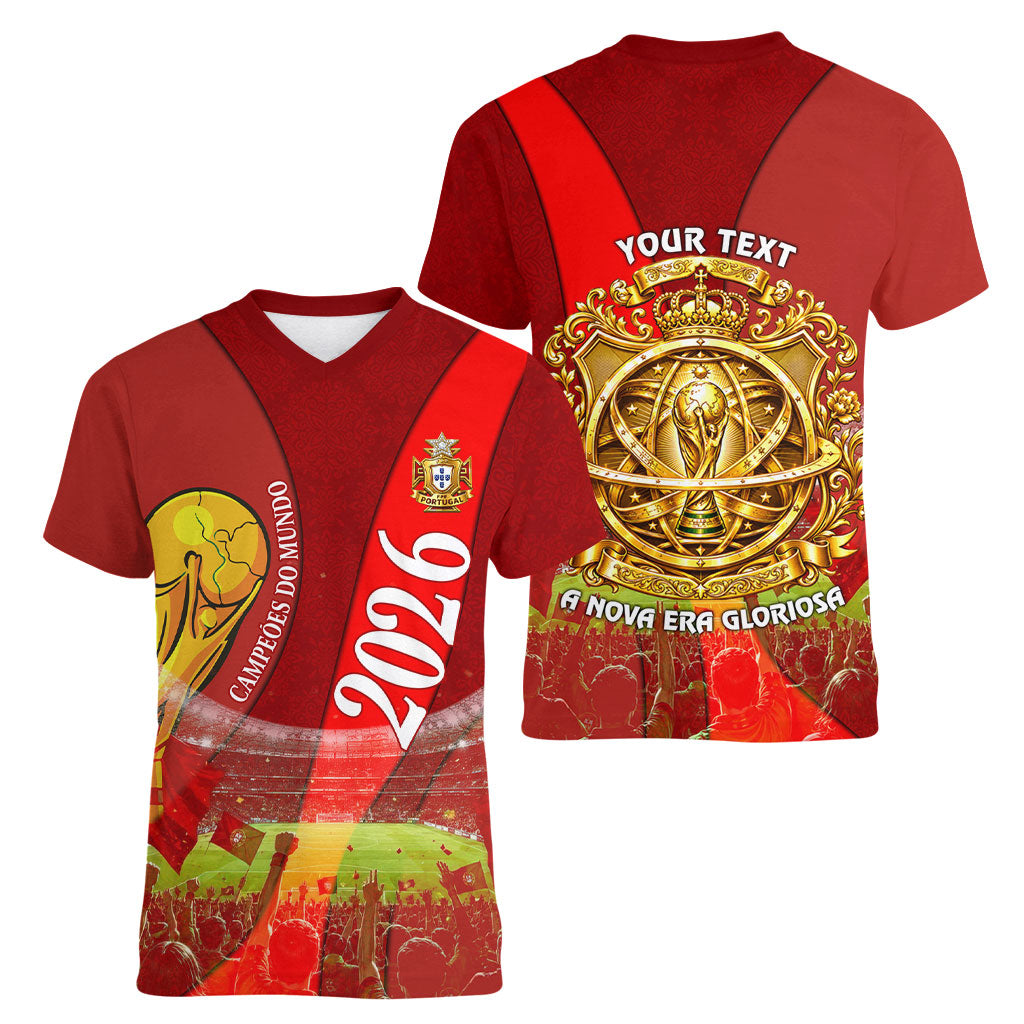 Custom Portugal Football World Champions 2026 Women V-Neck T-Shirt Golden Shield Crown Crest Soccer Trophy