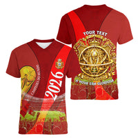 Custom Portugal Football World Champions 2026 Women V-Neck T-Shirt Golden Shield Crown Crest Soccer Trophy
