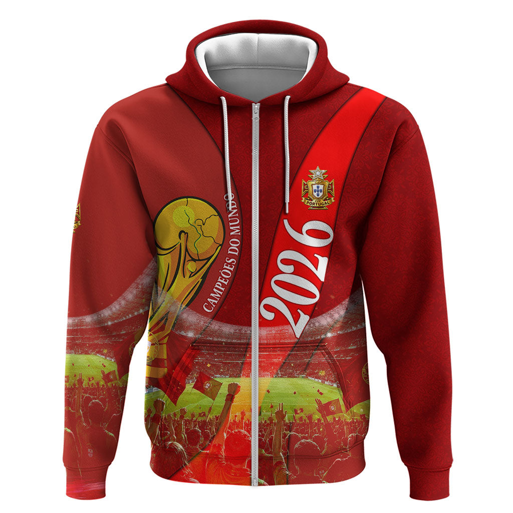 Custom Portugal Football World Champions 2026 Zip Hoodie Golden Shield Crown Crest Soccer Trophy