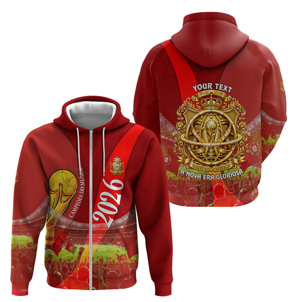 Custom Portugal Football World Champions 2026 Zip Hoodie Golden Shield Crown Crest Soccer Trophy