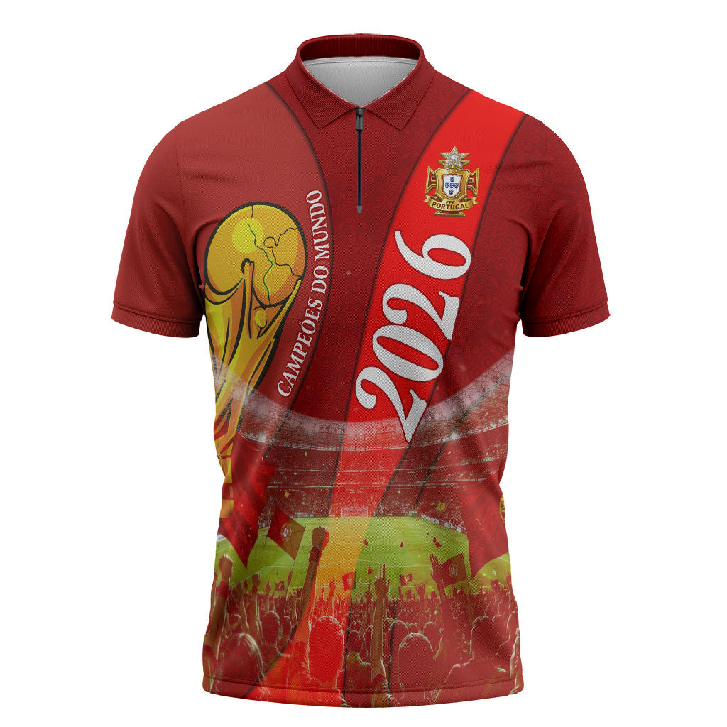 Custom Portugal Football World Champions 2026 Zipper Polo Shirt Golden Shield Crown Crest Soccer Trophy