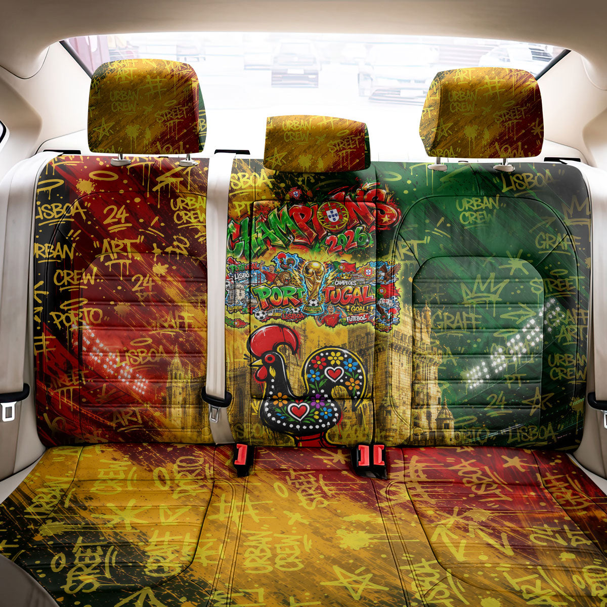 Portugal Football Champions 2026 Back Car Seat Cover Urban Graffiti Street Art Galo De Barcelos