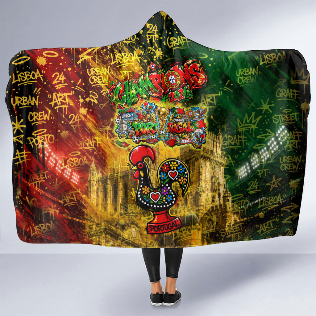 Portugal Football Champions 2026 Hooded Blanket Urban Graffiti Street Art Galo De Barcelos