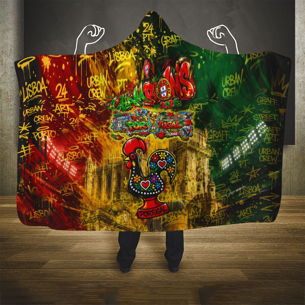 Portugal Football Champions 2026 Hooded Blanket Urban Graffiti Street Art Galo De Barcelos