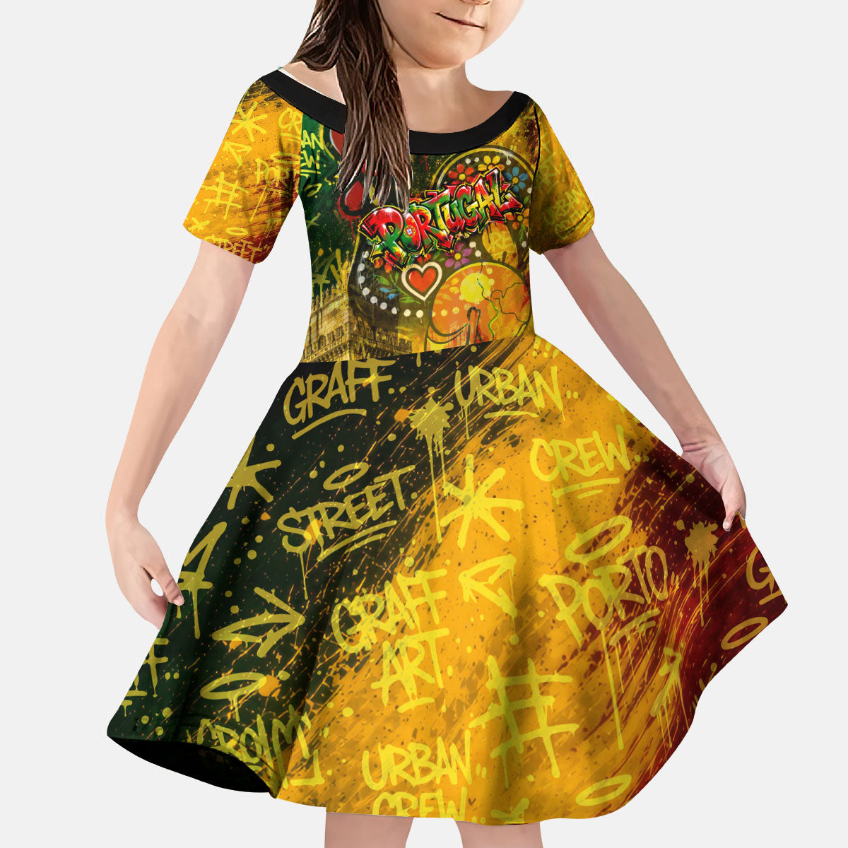 Portugal Football Champions 2026 Kid Short Sleeve Dress Urban Graffiti Street Art Galo De Barcelos