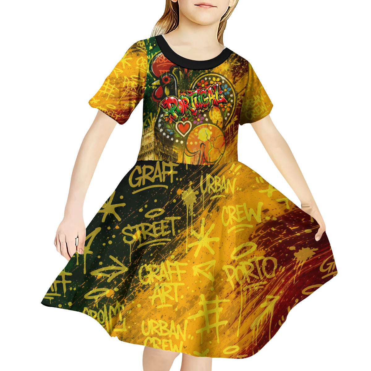Portugal Football Champions 2026 Kid Short Sleeve Dress Urban Graffiti Street Art Galo De Barcelos