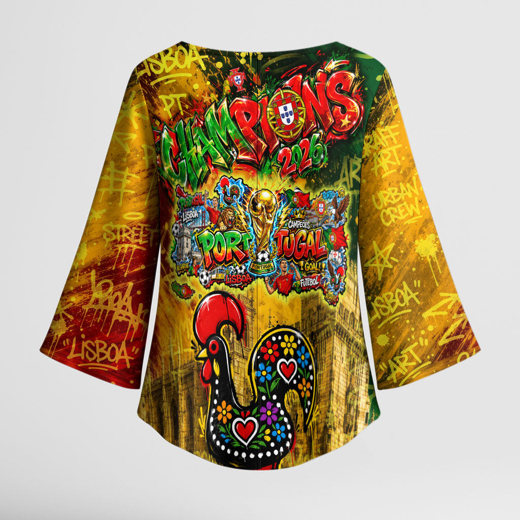 Portugal Football Champions 2026 Kimono Sleeve Blouse Urban Graffiti Street Art Galo De Barcelos