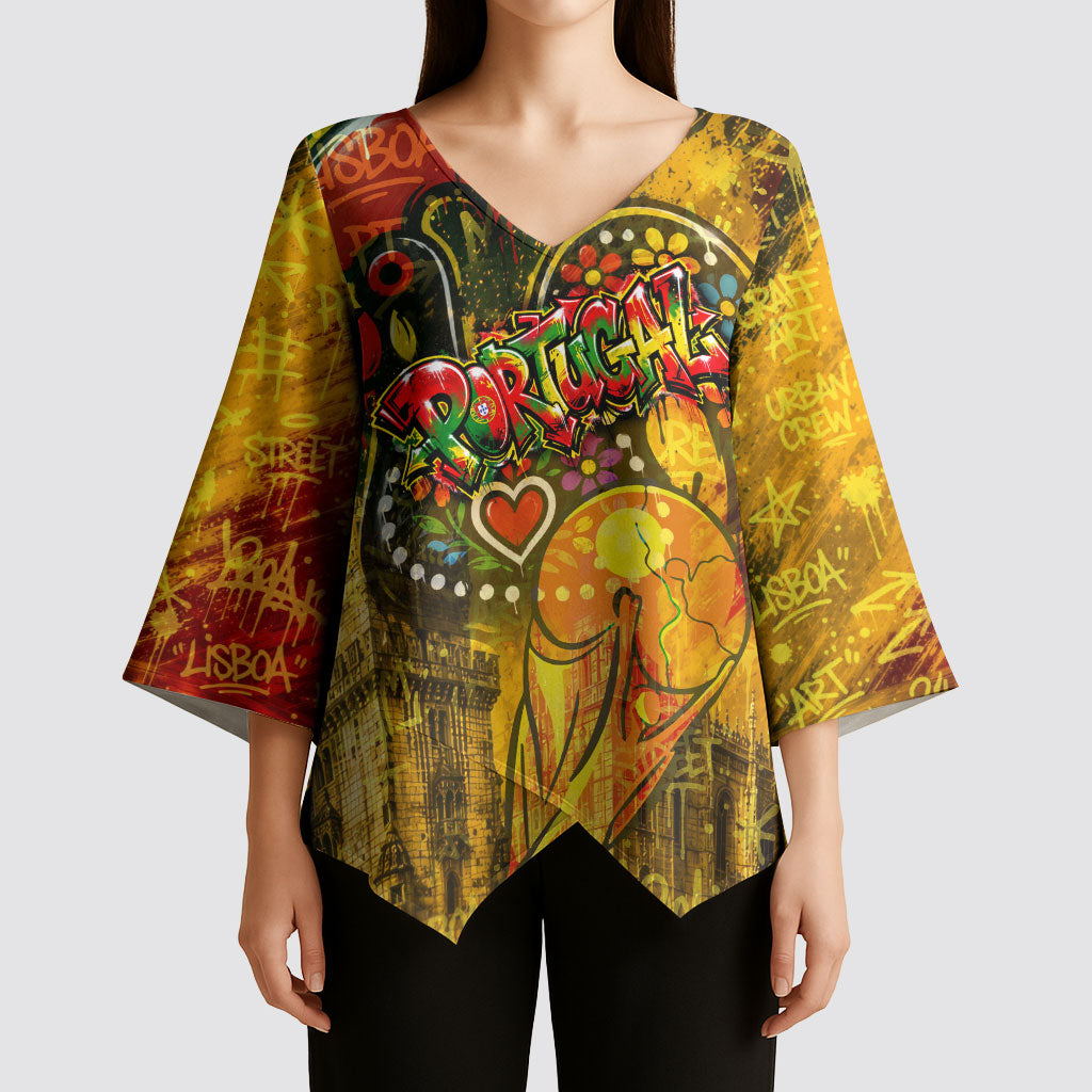 Portugal Football Champions 2026 Kimono Sleeve Blouse Urban Graffiti Street Art Galo De Barcelos