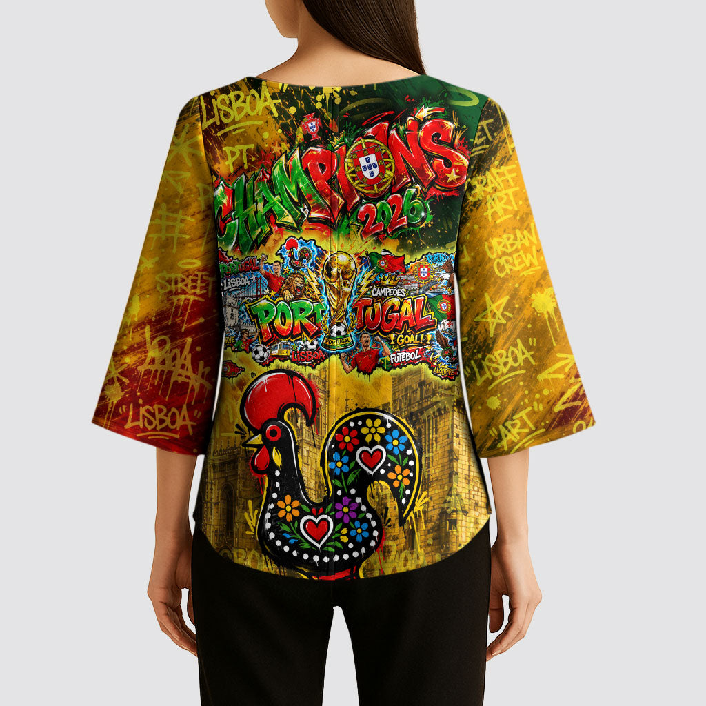 Portugal Football Champions 2026 Kimono Sleeve Blouse Urban Graffiti Street Art Galo De Barcelos