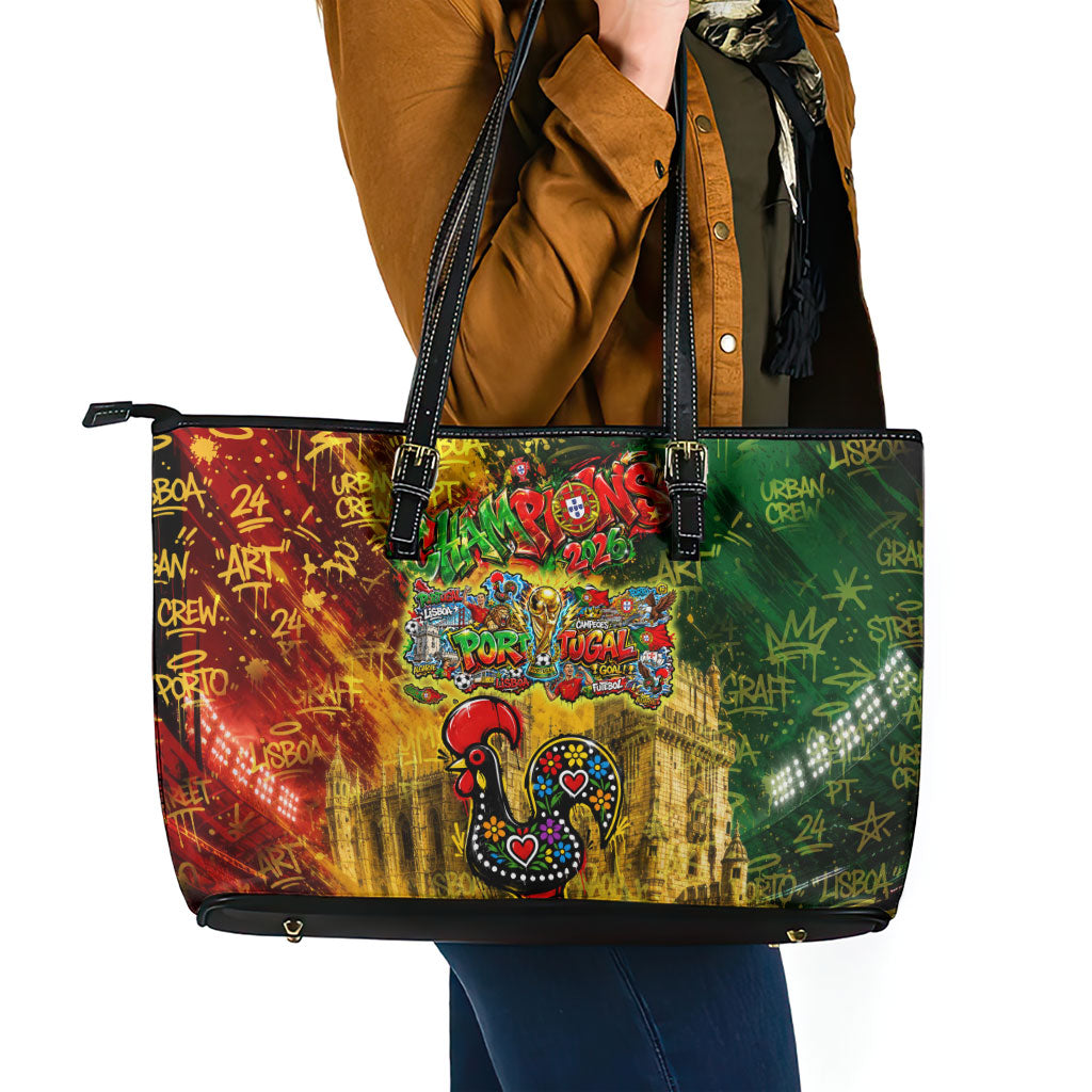 Portugal Football Champions 2026 Leather Tote Bag Urban Graffiti Street Art Galo De Barcelos