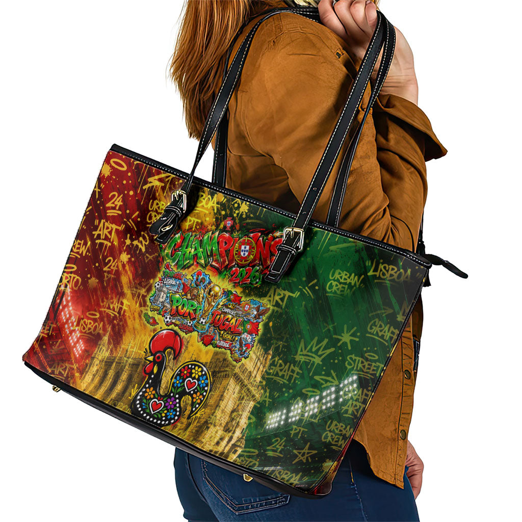 Portugal Football Champions 2026 Leather Tote Bag Urban Graffiti Street Art Galo De Barcelos