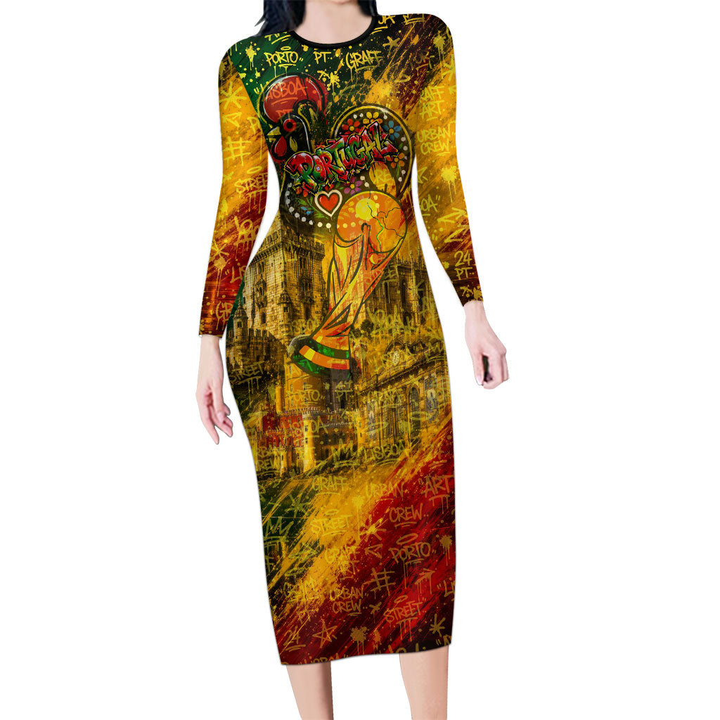 Portugal Football Champions 2026 Long Sleeve Bodycon Dress Urban Graffiti Street Art Galo De Barcelos