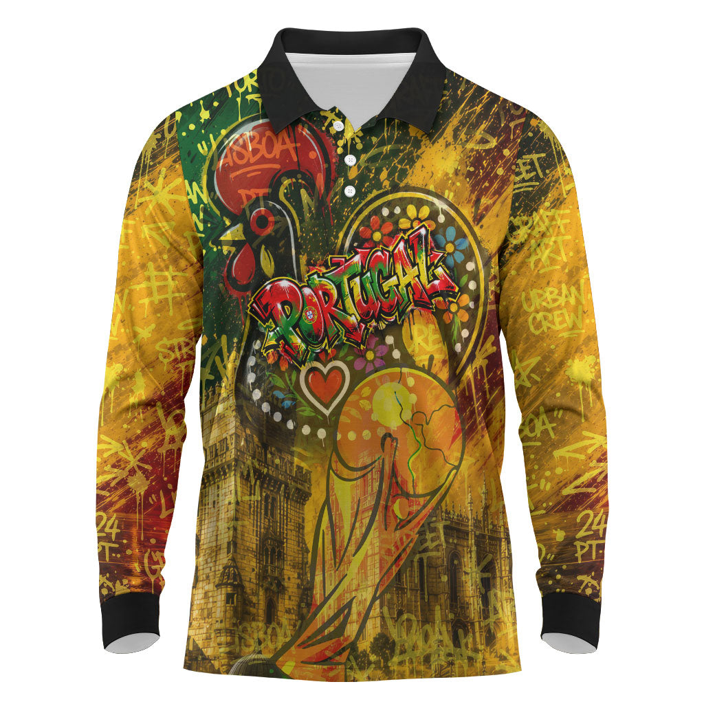 Portugal Football Champions 2026 Long Sleeve Polo Shirt Urban Graffiti Street Art Galo De Barcelos