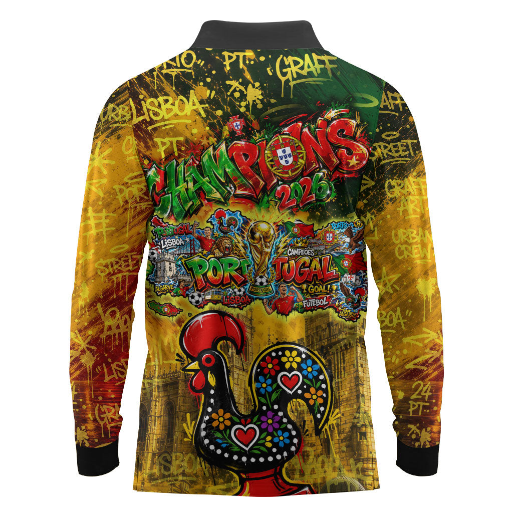 Portugal Football Champions 2026 Long Sleeve Polo Shirt Urban Graffiti Street Art Galo De Barcelos