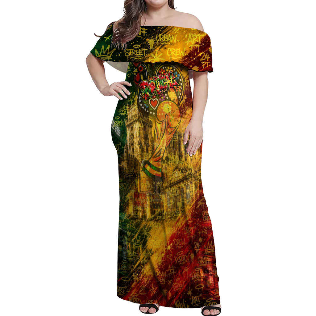 Portugal Football Champions 2026 Off Shoulder Maxi Dress Urban Graffiti Street Art Galo De Barcelos