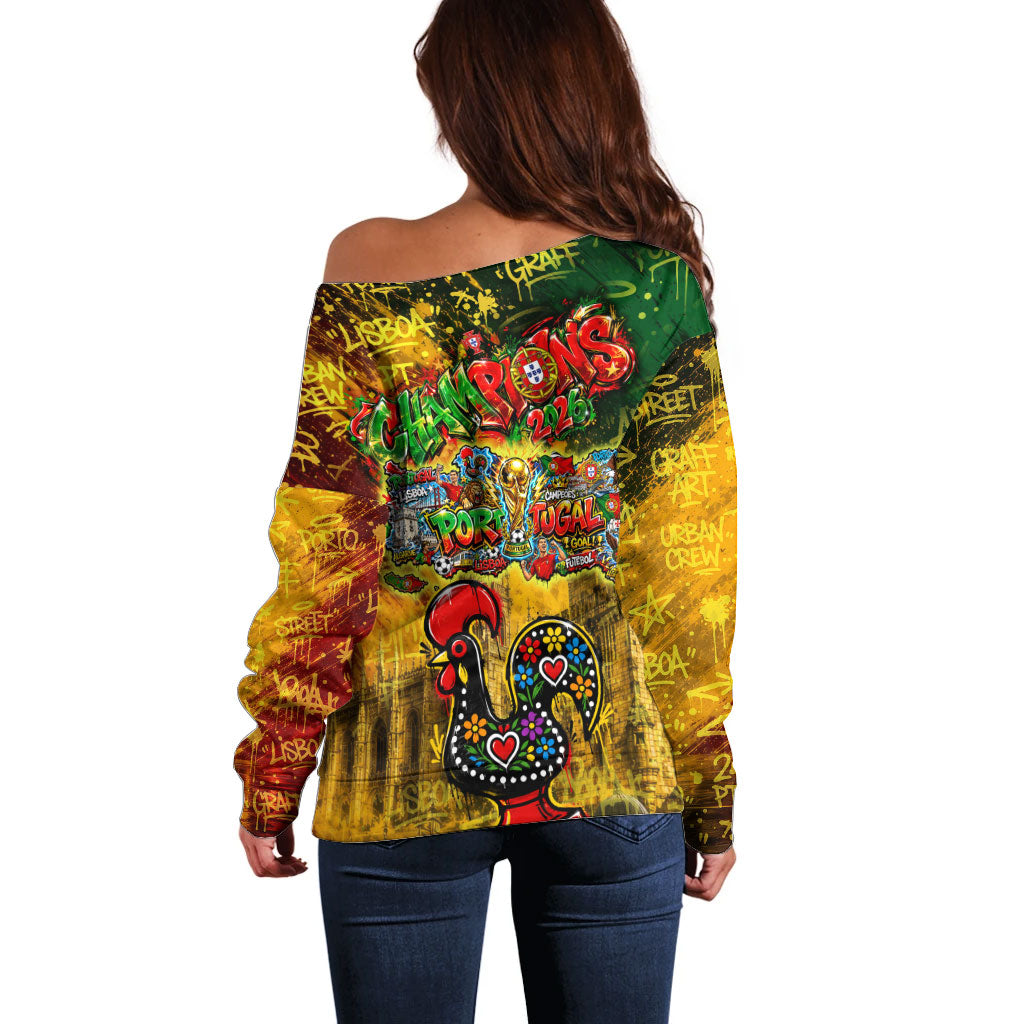 Portugal Football Champions 2026 Off Shoulder Sweater Urban Graffiti Street Art Galo De Barcelos
