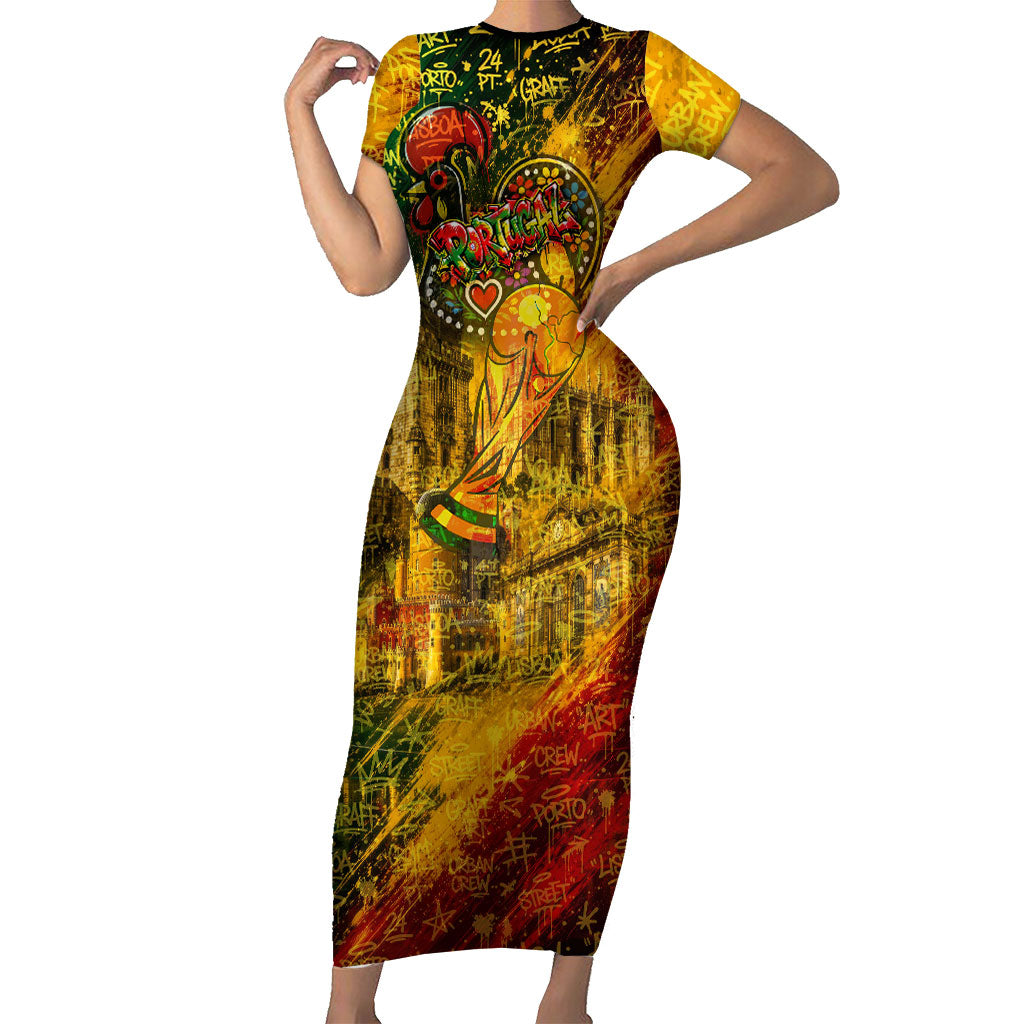 Portugal Football Champions 2026 Short Sleeve Bodycon Dress Urban Graffiti Street Art Galo De Barcelos