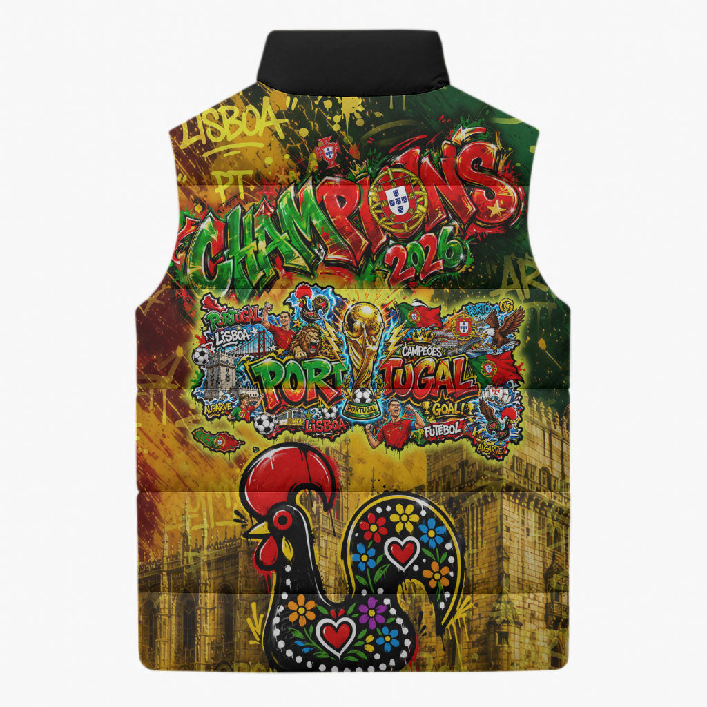 Portugal Football Champions 2026 Sleeveless Puffer Jacket Urban Graffiti Street Art Galo De Barcelos