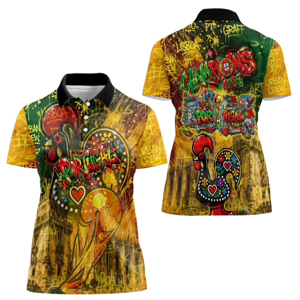 Portugal Football Champions 2026 Women Polo Shirt Urban Graffiti Street Art Galo De Barcelos