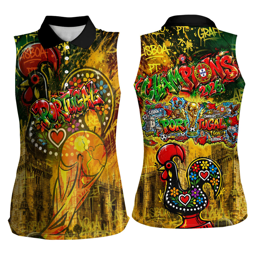 Portugal Football Champions 2026 Women Sleeveless Polo Shirt Urban Graffiti Street Art Galo De Barcelos