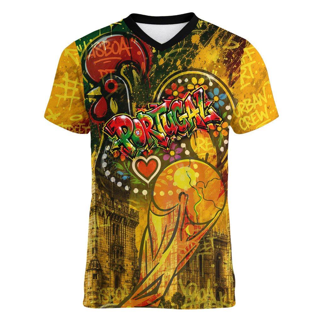 Portugal Football Champions 2026 Women V-Neck T-Shirt Urban Graffiti Street Art Galo De Barcelos