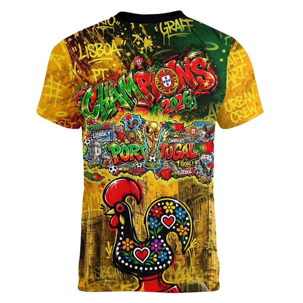 Portugal Football Champions 2026 Women V-Neck T-Shirt Urban Graffiti Street Art Galo De Barcelos