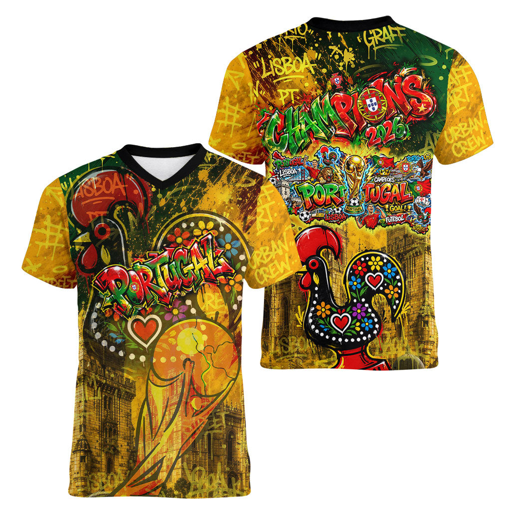 Portugal Football Champions 2026 Women V-Neck T-Shirt Urban Graffiti Street Art Galo De Barcelos