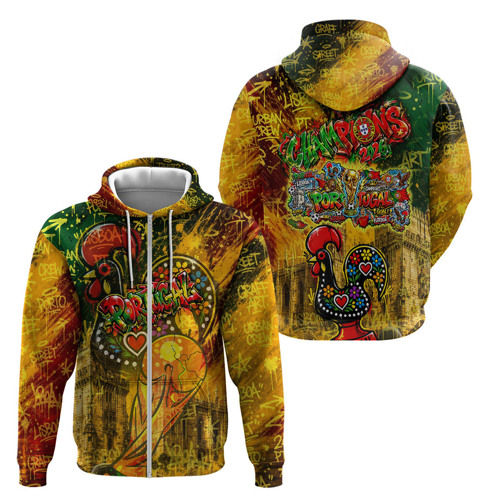 Portugal Football Champions 2026 Zip Hoodie Urban Graffiti Street Art Galo De Barcelos