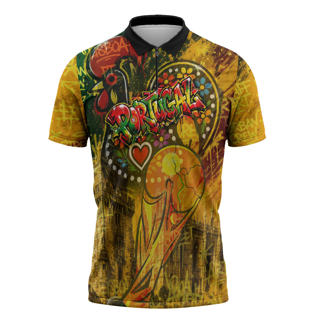 Portugal Football Champions 2026 Zipper Polo Shirt Urban Graffiti Street Art Galo De Barcelos