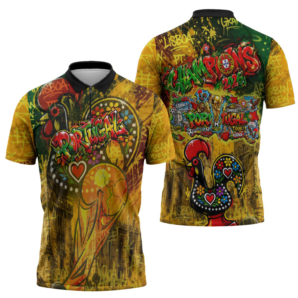 Portugal Football Champions 2026 Zipper Polo Shirt Urban Graffiti Street Art Galo De Barcelos
