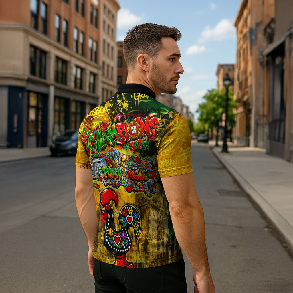 Portugal Football Champions 2026 Zipper Polo Shirt Urban Graffiti Street Art Galo De Barcelos